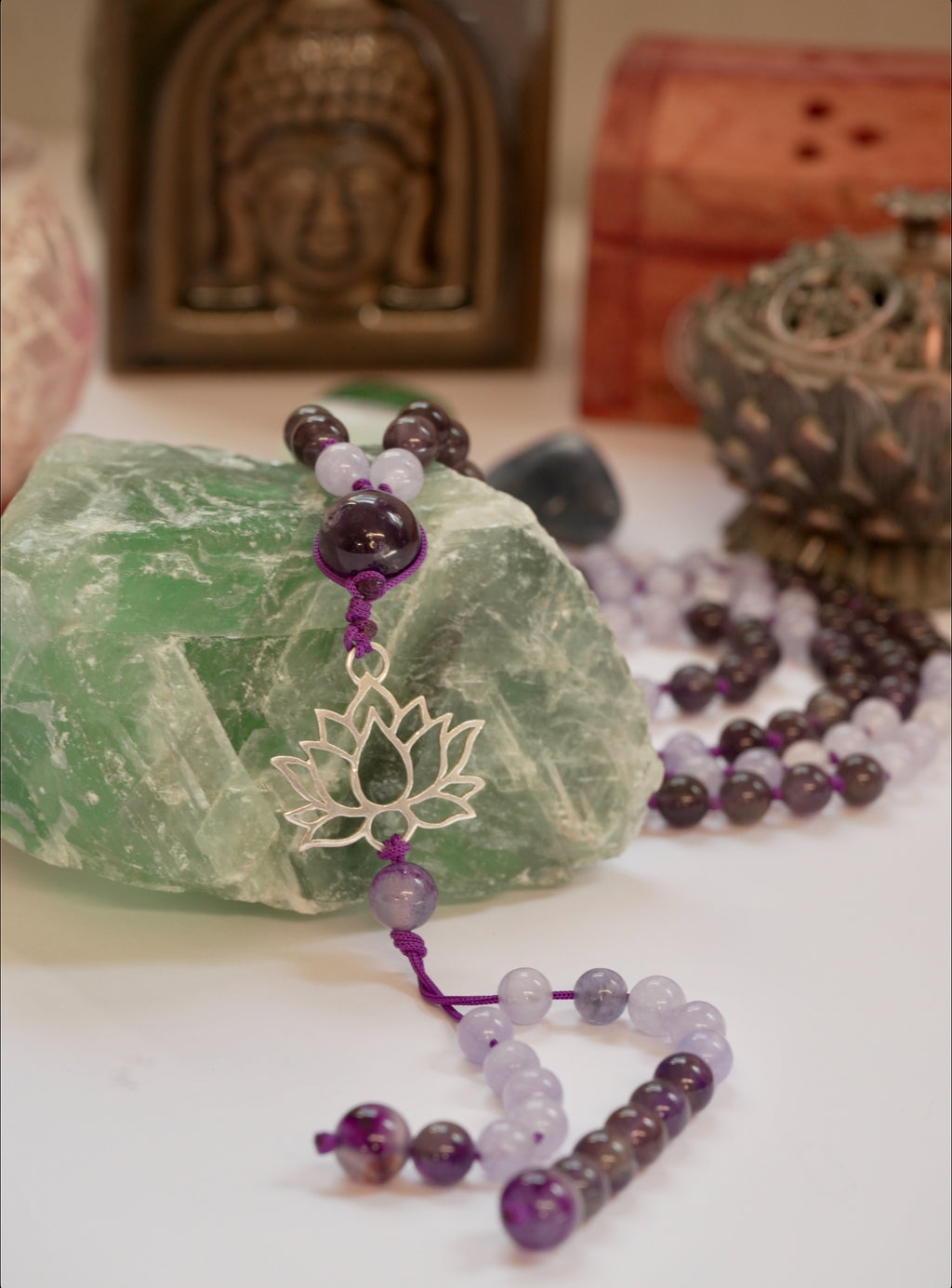 💜 Japa Mala de Amatista, Jade Amatista y Cuarzo Rosa con Flor de Loto en Plata 925 🌸