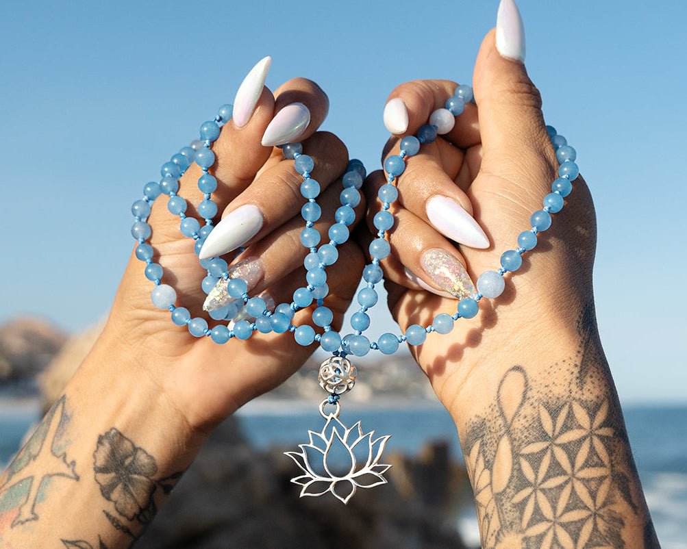 Japa Mala de Jade Azul y Ágata – Energía del Chakra Vishuddha
