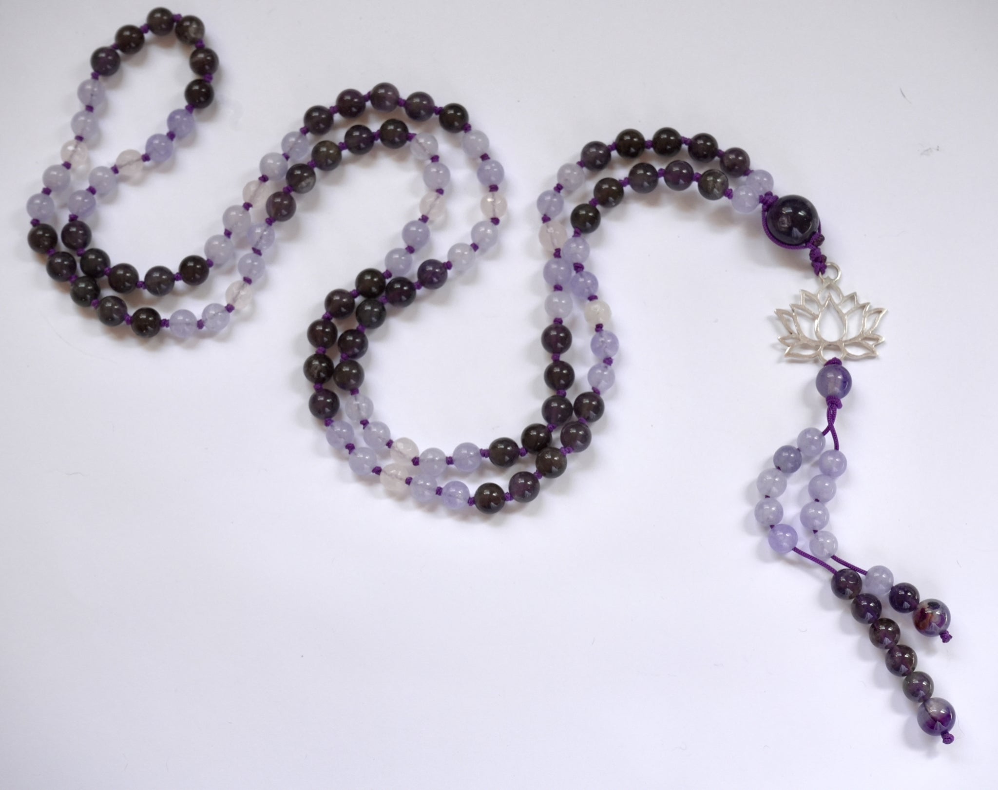 💜 Japa Mala de Amatista, Jade Amatista y Cuarzo Rosa con Flor de Loto en Plata 925 🌸