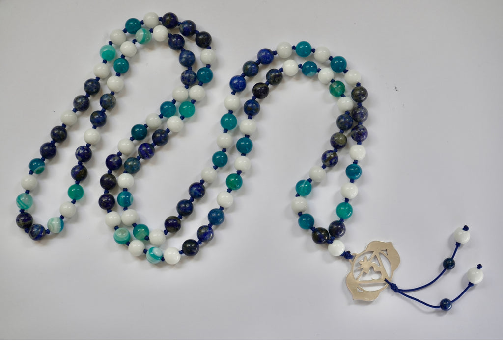 ✨ Japa Mala de Jade Blanco, Lapislázuli y Ágata Azul con Dije del Tercer Ojo en Plata 925 ✨
