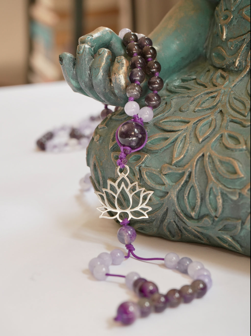 💜 Japa Mala de Amatista, Jade Amatista y Cuarzo Rosa con Flor de Loto en Plata 925 🌸