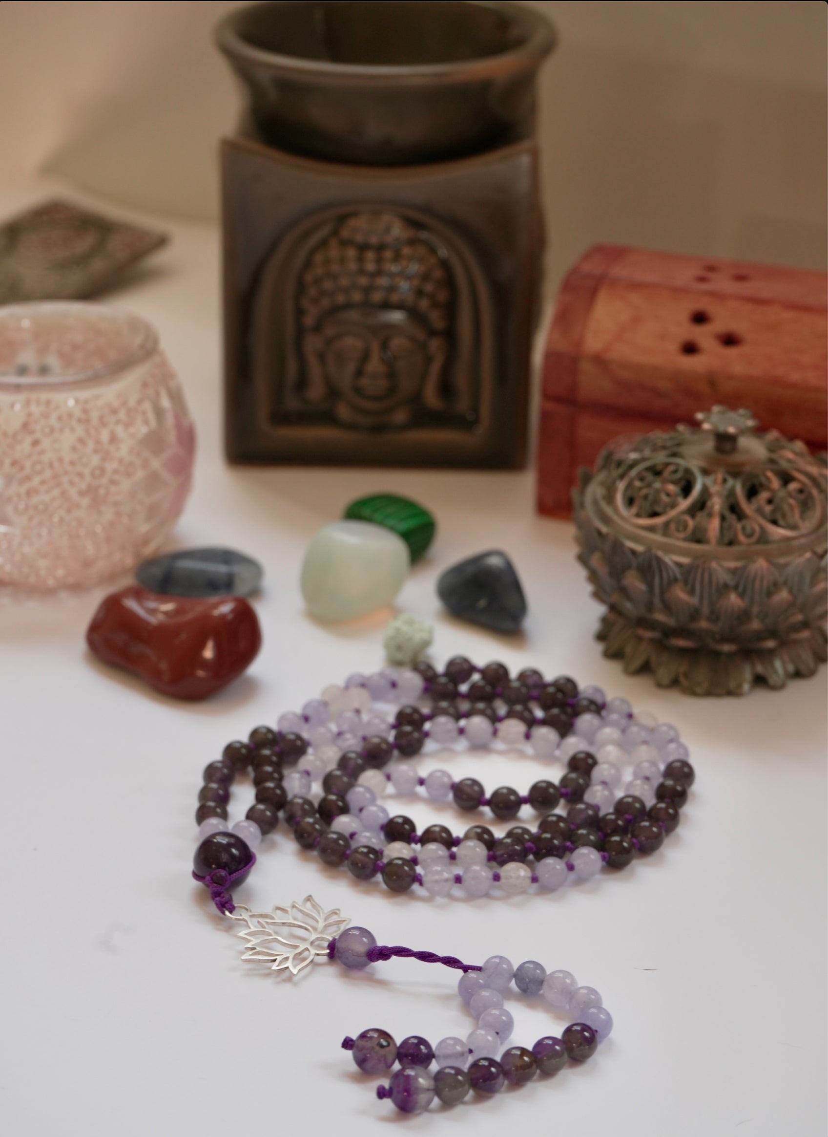 💜 Japa Mala de Amatista, Jade Amatista y Cuarzo Rosa con Flor de Loto en Plata 925 🌸