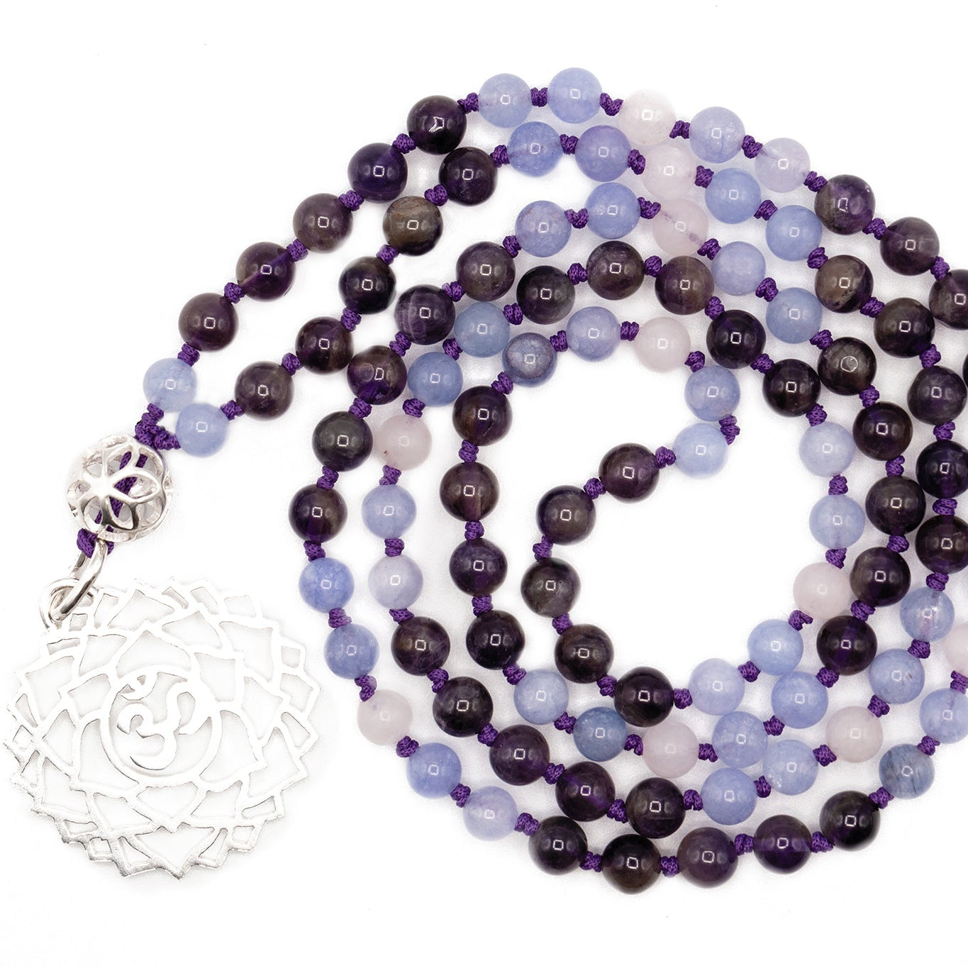 Japa Mala de Amatista, Jade y Cuarzo Rosa – Chakra Sahasrara & OM