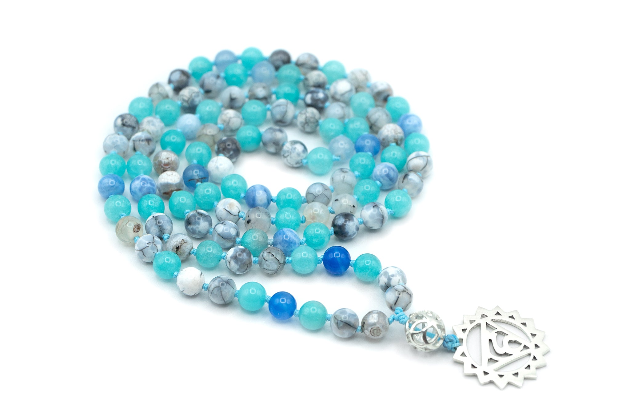 Japa Mala de Ágata Azul y Jade – Chakra Vishuddha (Garganta)