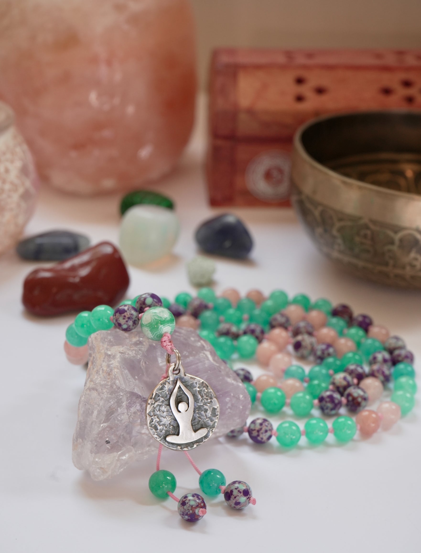 💚 Japa Mala de Turquesa Violeta, Jade Turquesa y Jade Rosa – 108 cuentas 💗
