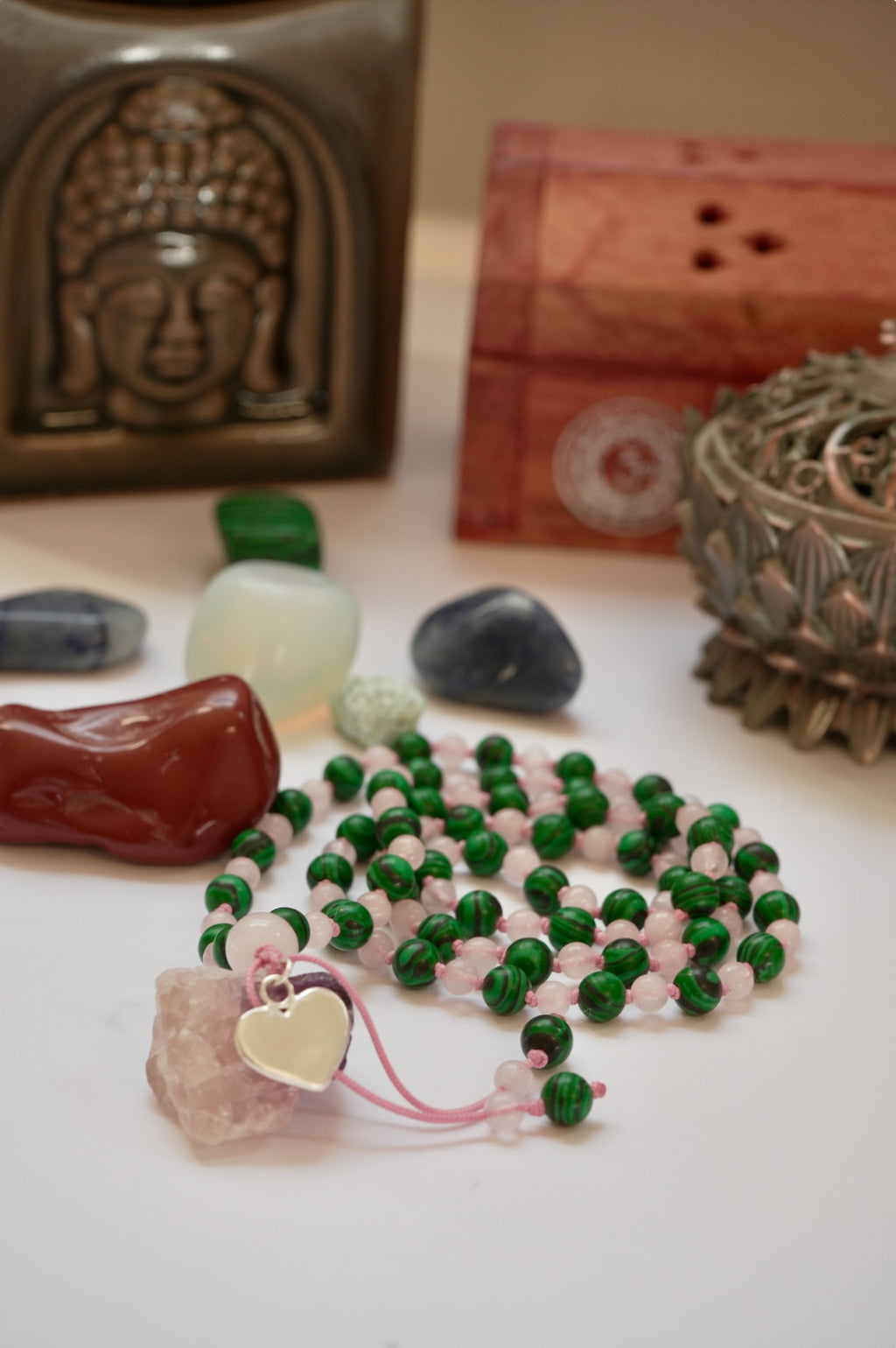 💗 Japa Mala de Cuarzo Rosa y Malaquita con dije de corazón en plata 925 💗