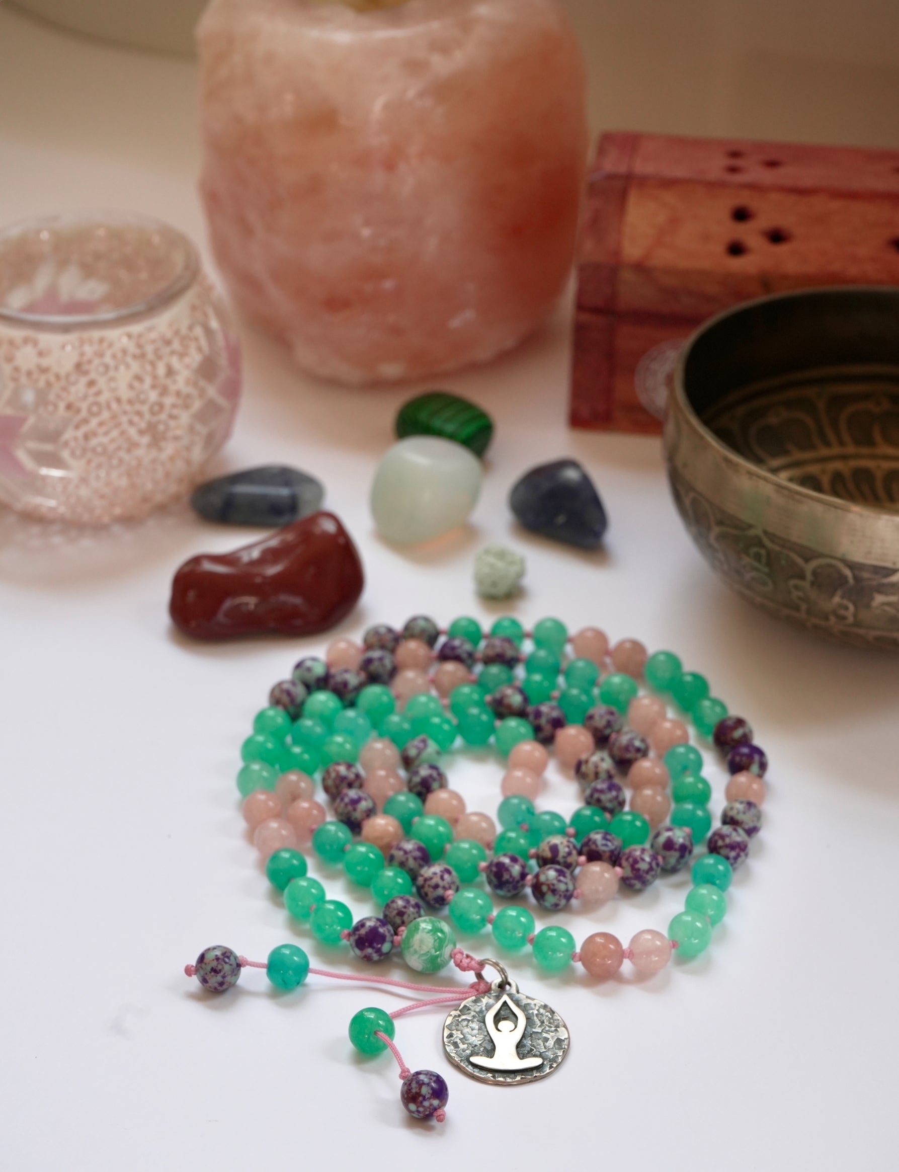 💚 Japa Mala de Turquesa Violeta, Jade Turquesa y Jade Rosa – 108 cuentas 💗