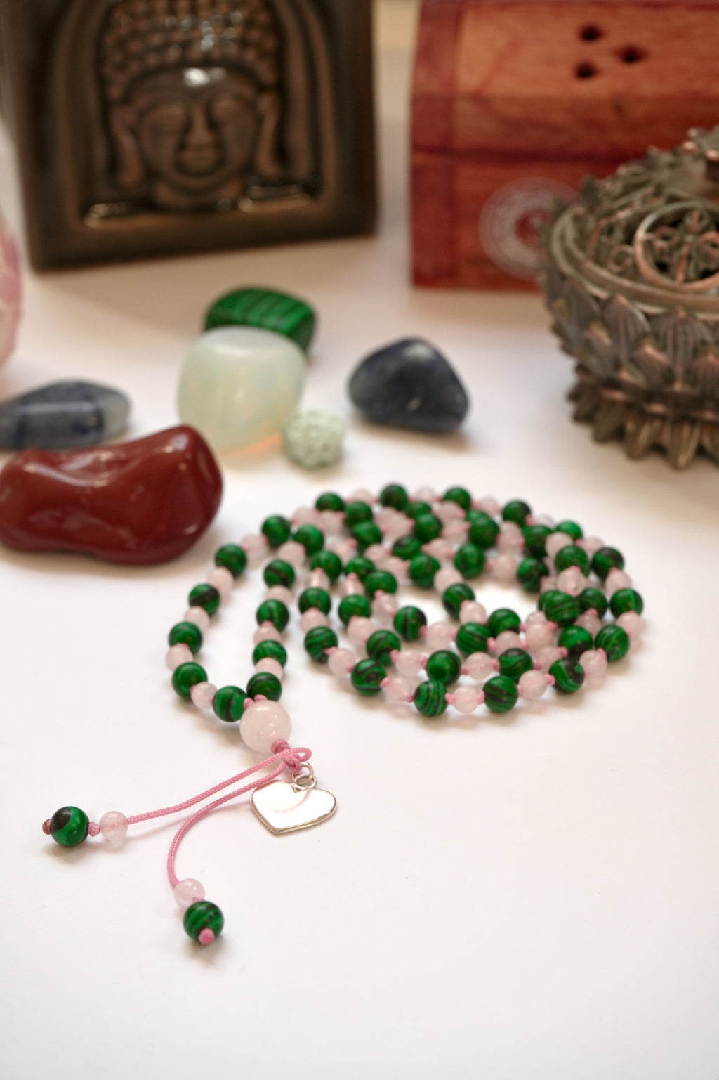 💗 Japa Mala de Cuarzo Rosa y Malaquita con dije de corazón en plata 925 💗